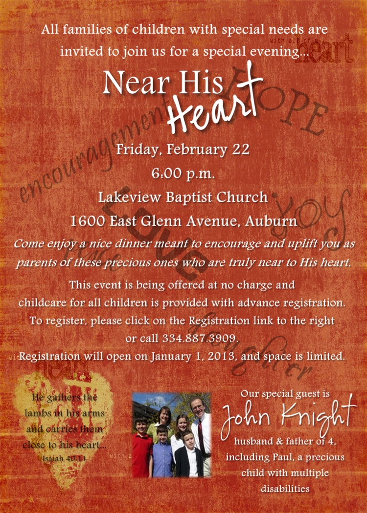 Near His Heart: Dinner For Families With Special Needs Children @ Lakeview Baptist Church
