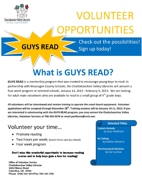 “Guys Read” Volunteer Opportunities Presented By Chattahoochee Valley Libraries