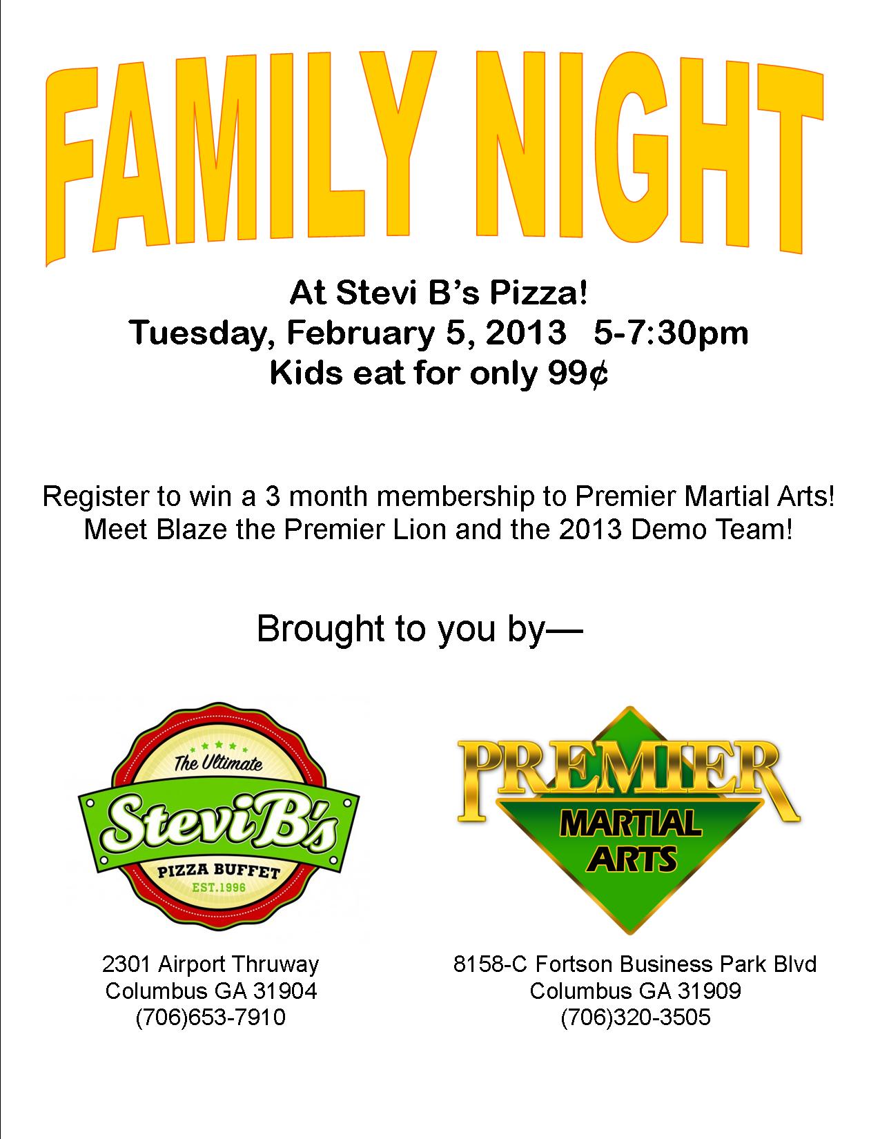 Premier Martial Arts’ Family Night At Stevi B’s Pizza