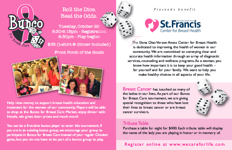 Bunco For Breast Care Fundraiser Benefiting St. Francis Center for Breast Health