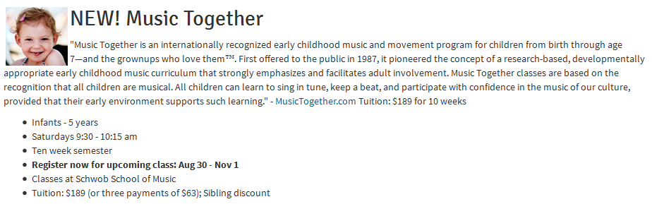 Music Together Classes at Schwob School of Music (ages infant – 5 years)