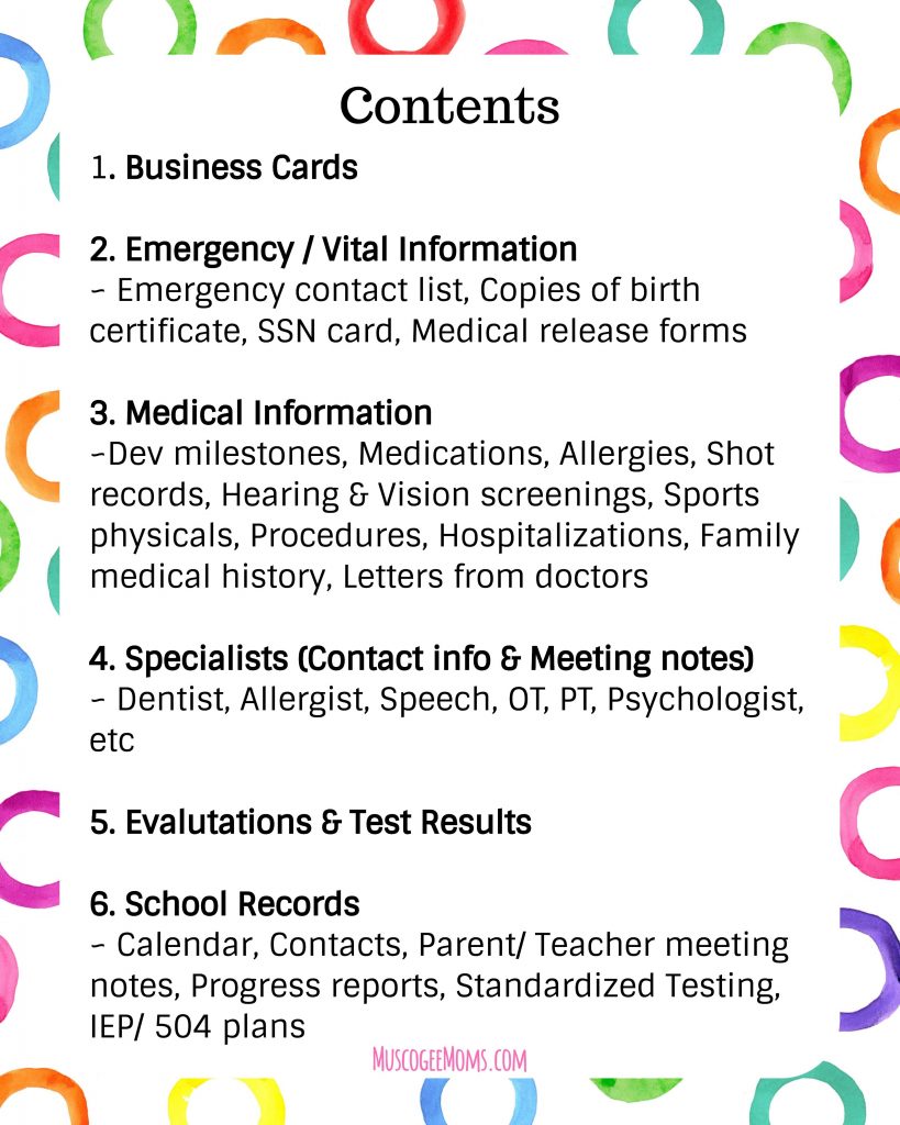 Medical Care Notebook Index